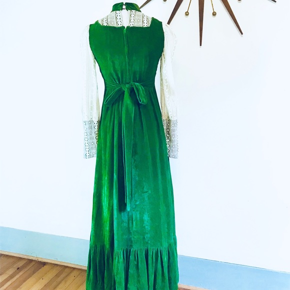 Vintage 1970s Velvet prairie cottage Maxi Dress M - Picture 3 of 7